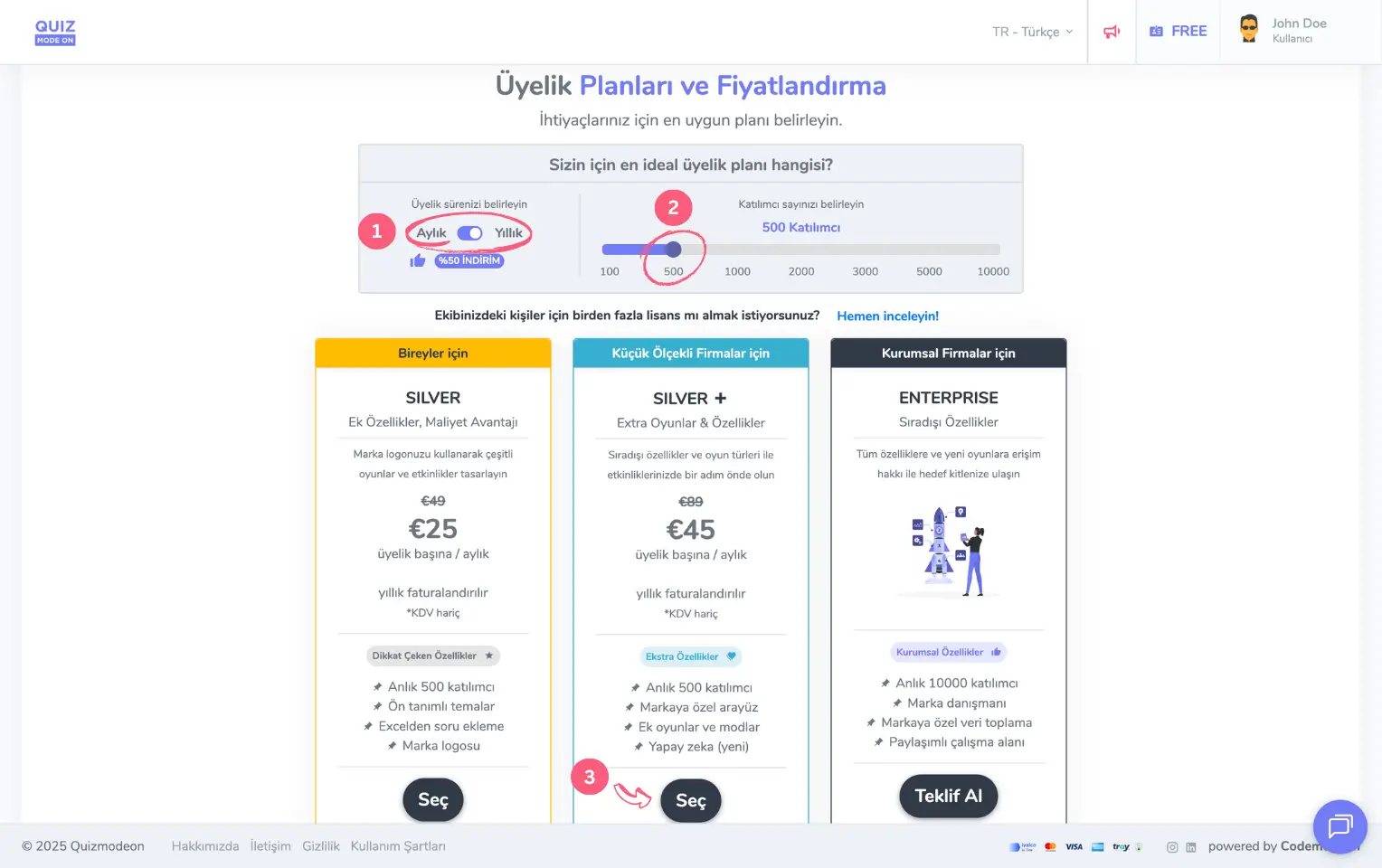 admin üye - üyelik planı - fiyatlandırma ve özellikler