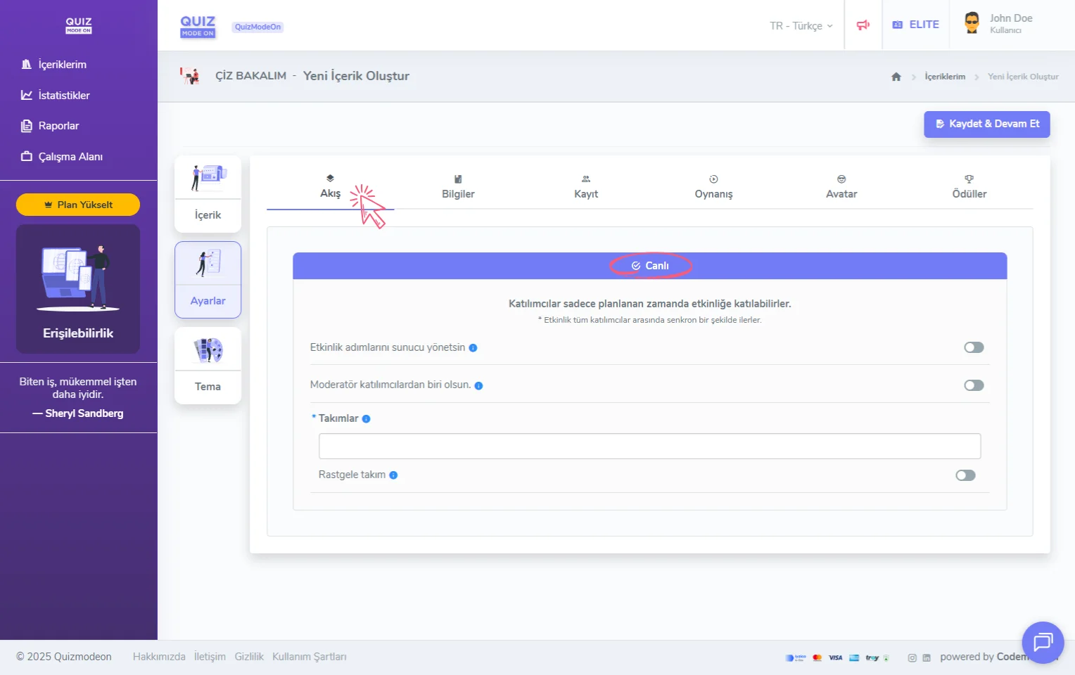 çiz bakalım oluşturma - ayarlar - etkinlik akışı - canlı