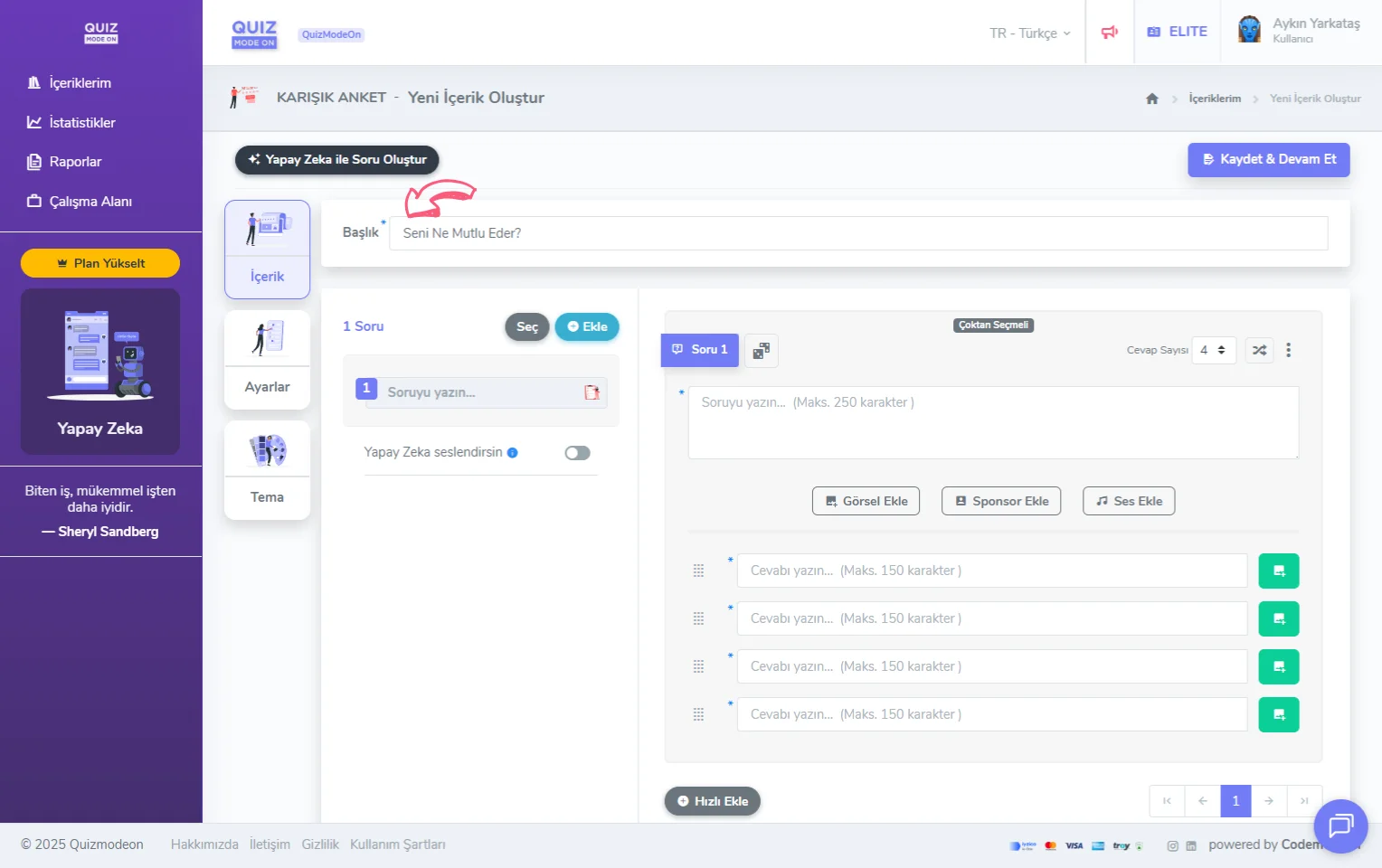 karma anket oluşturma - içerik - başlık
