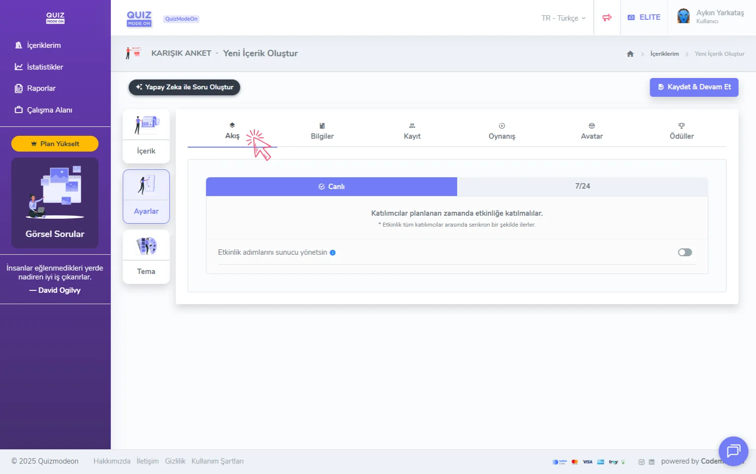 karma anket oluşturma - ayarlar - etkinlik akışı