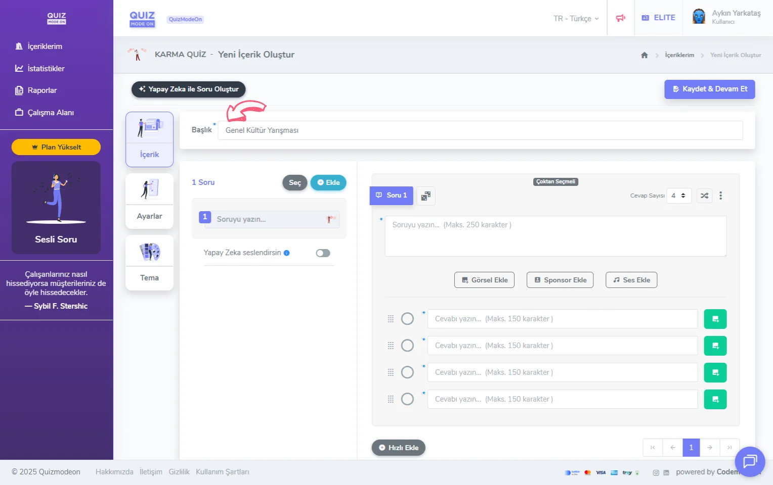 karma quiz oluşturma - içerik - başlık