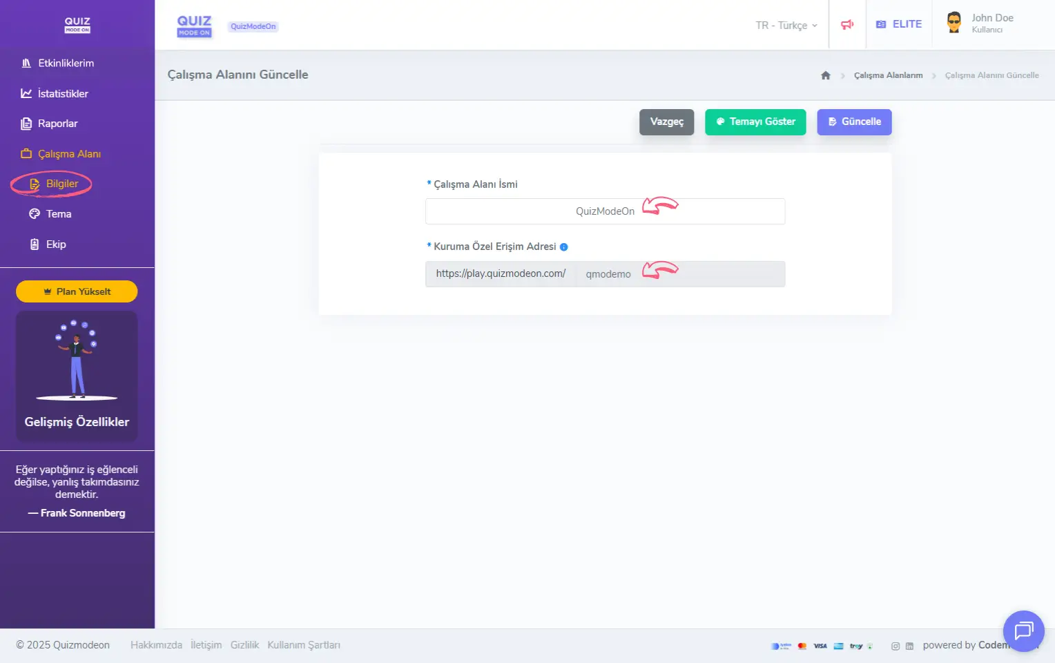 admin üye - sol menü - çalışma alanı - genel bilgiler