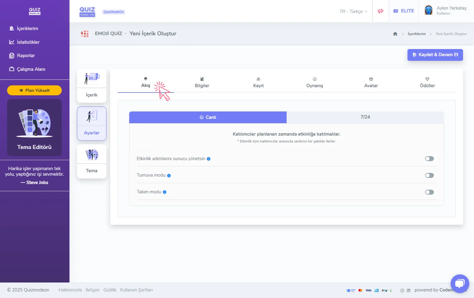 emoji quiz oluşturma - ayarlar - etkinlik akışı