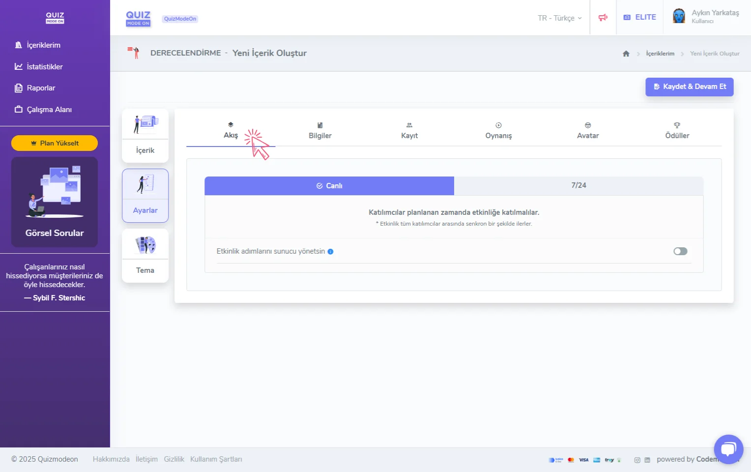 derecelendirme oluşturma - ayarlar - etkinlik akışı