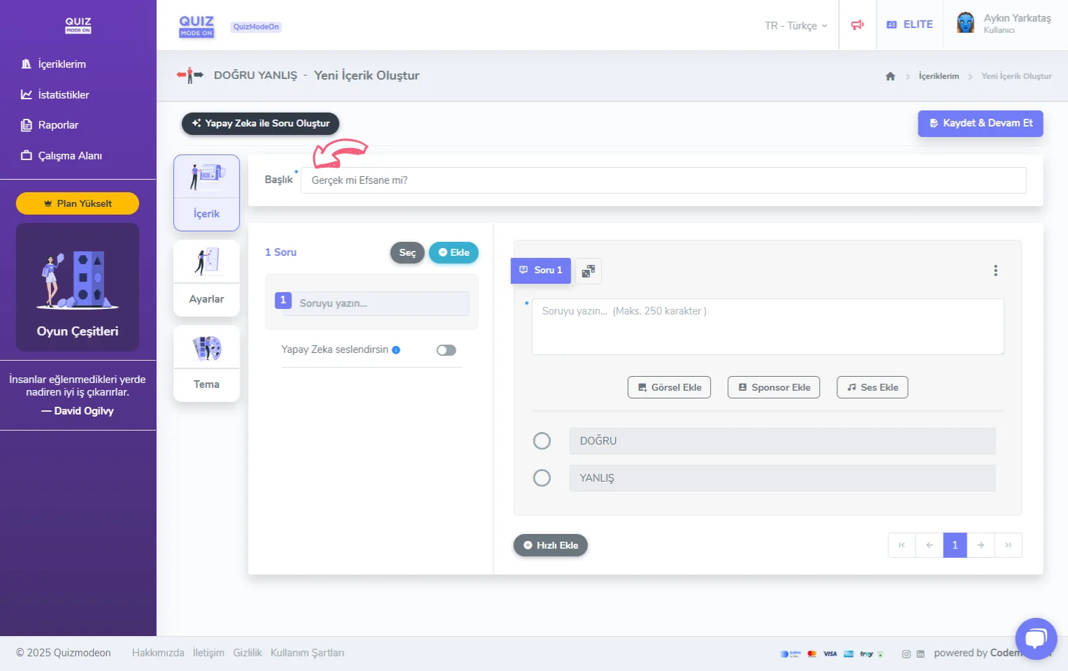 doğru yanlış oluşturma - içerik - başlık
