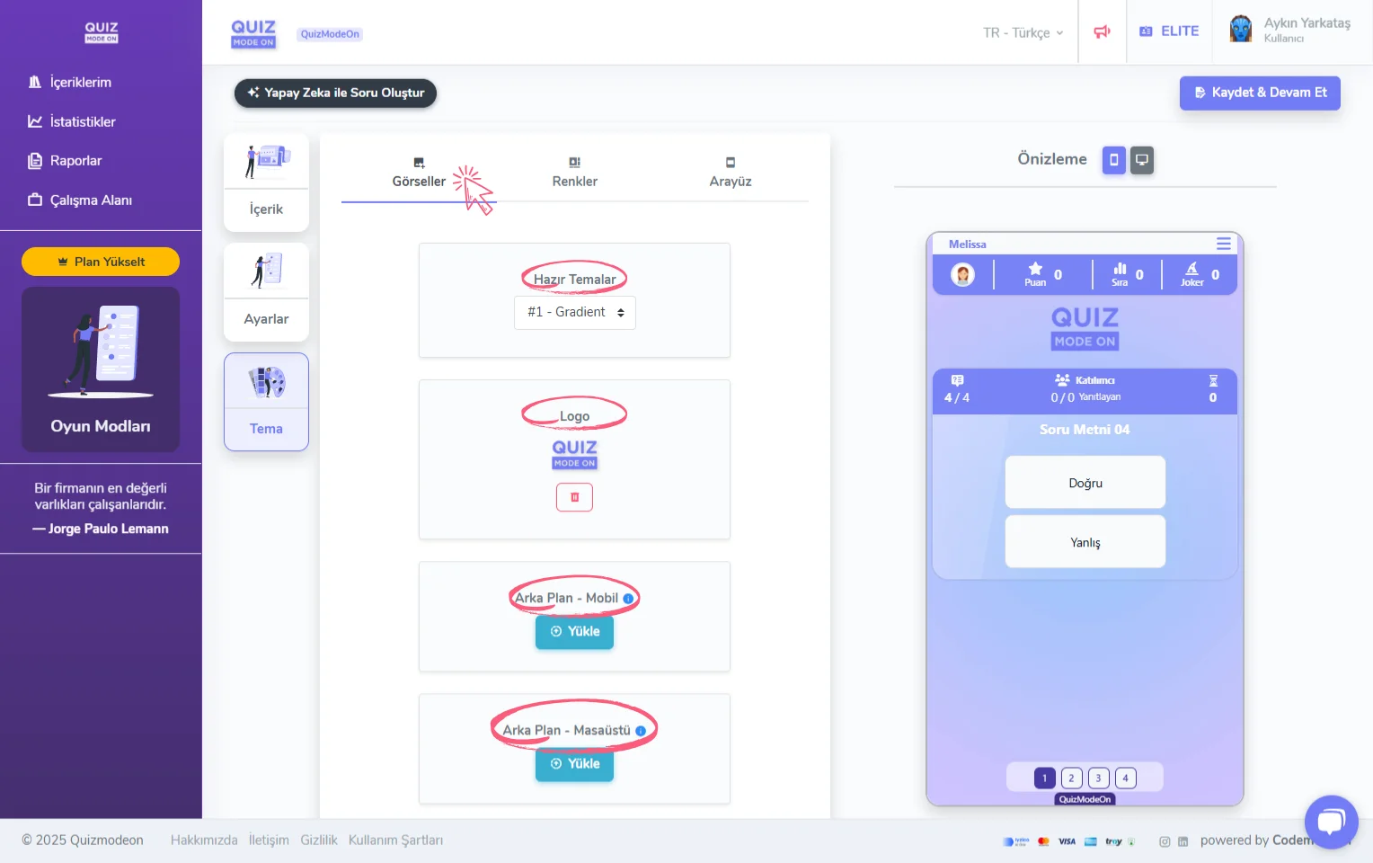 doğru yanlış oluşturma - tema editörü - görseller