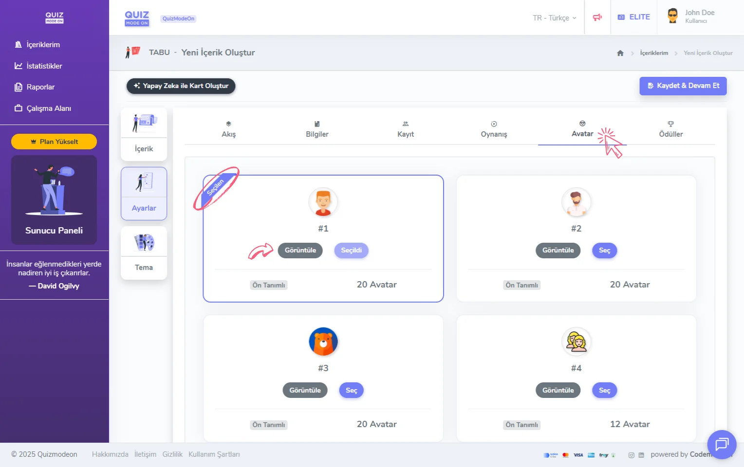 tabu oluşturma - ayarlar - katılımcı avatarları - avatar seti seçimi