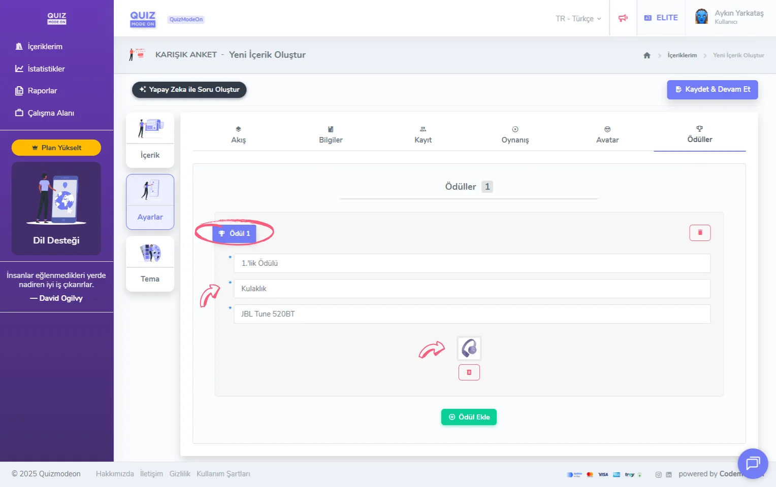 karma anket oluşturma - ayarlar - ödüller - ödül ekleme