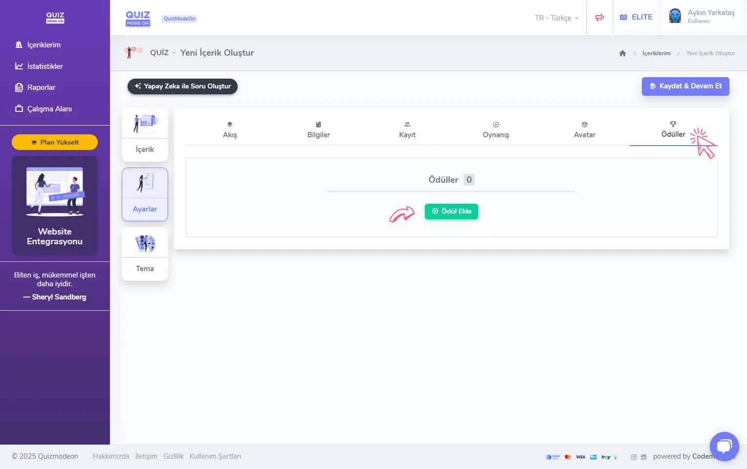 quiz oluşturma - ayarlar - ödüller