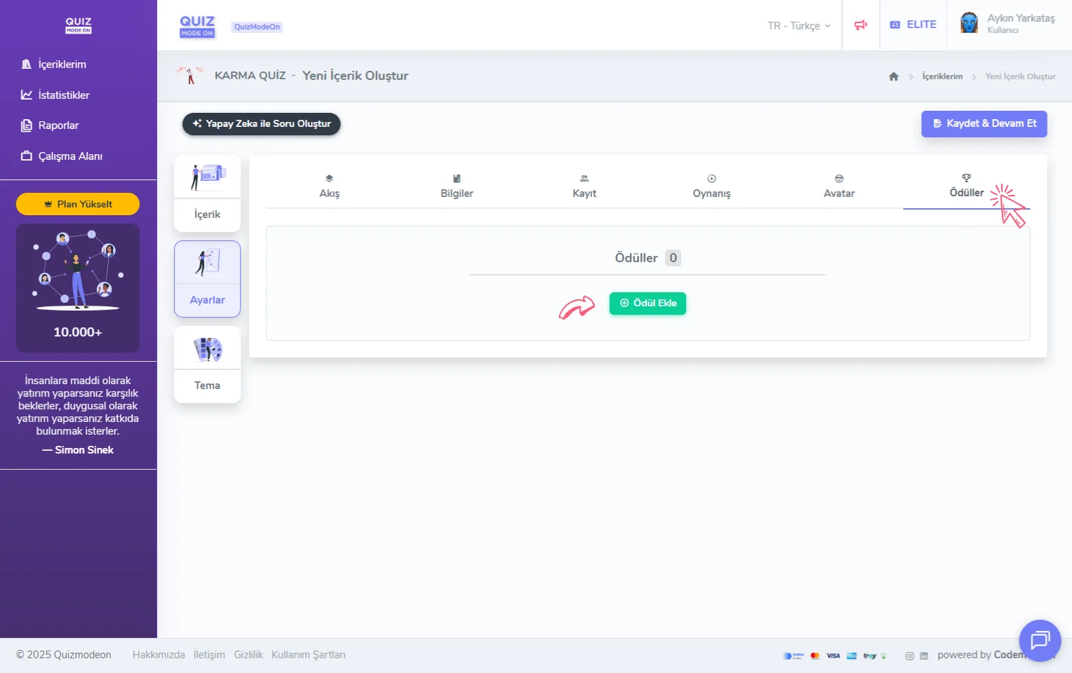 karma quiz oluşturma - ayarlar - ödüller