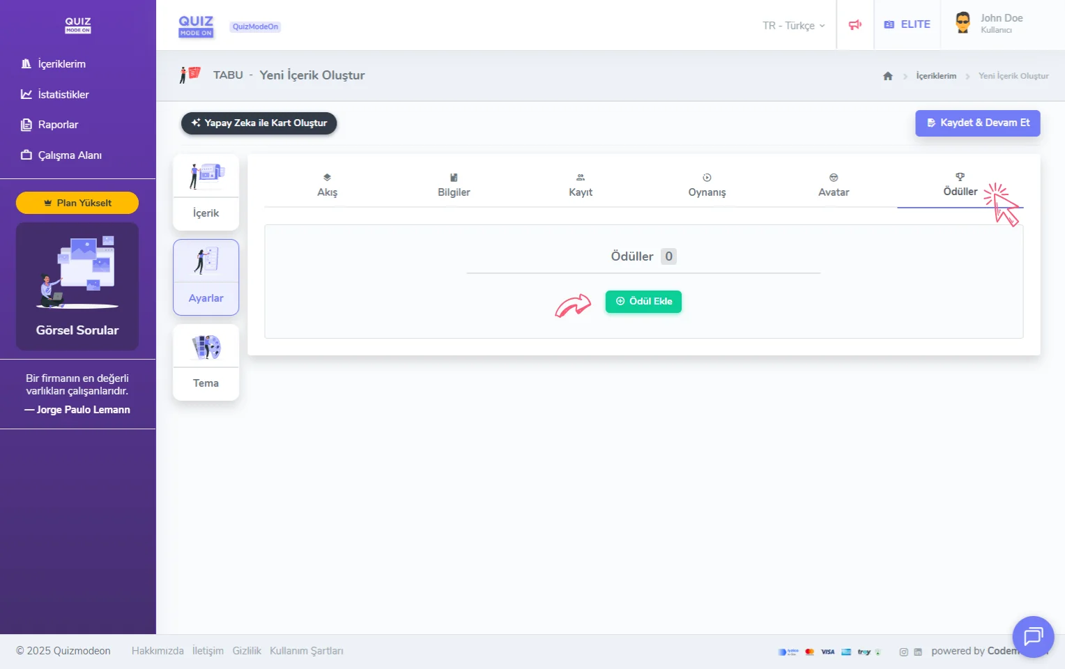 tabu oluşturma - ayarlar - ödüller