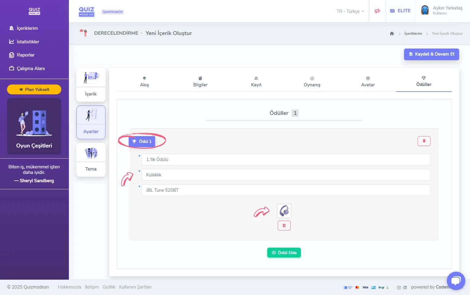 derecelendirme oluşturma - ayarlar - ödüller - ödül ekleme