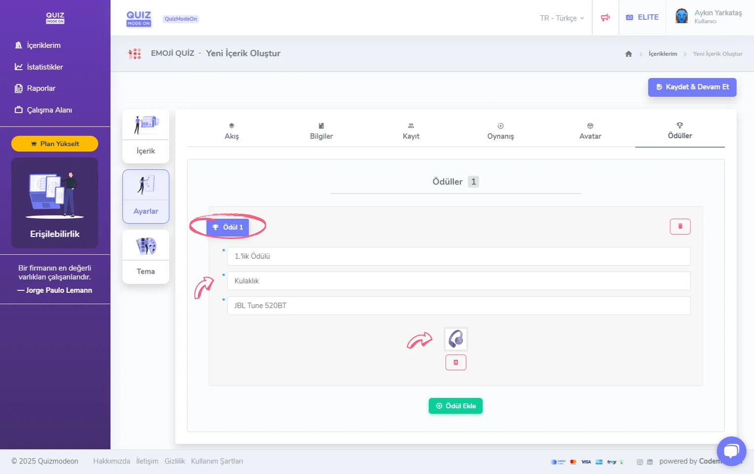 emoji quiz oluşturma - ayarlar - ödüller - ödül ekleme