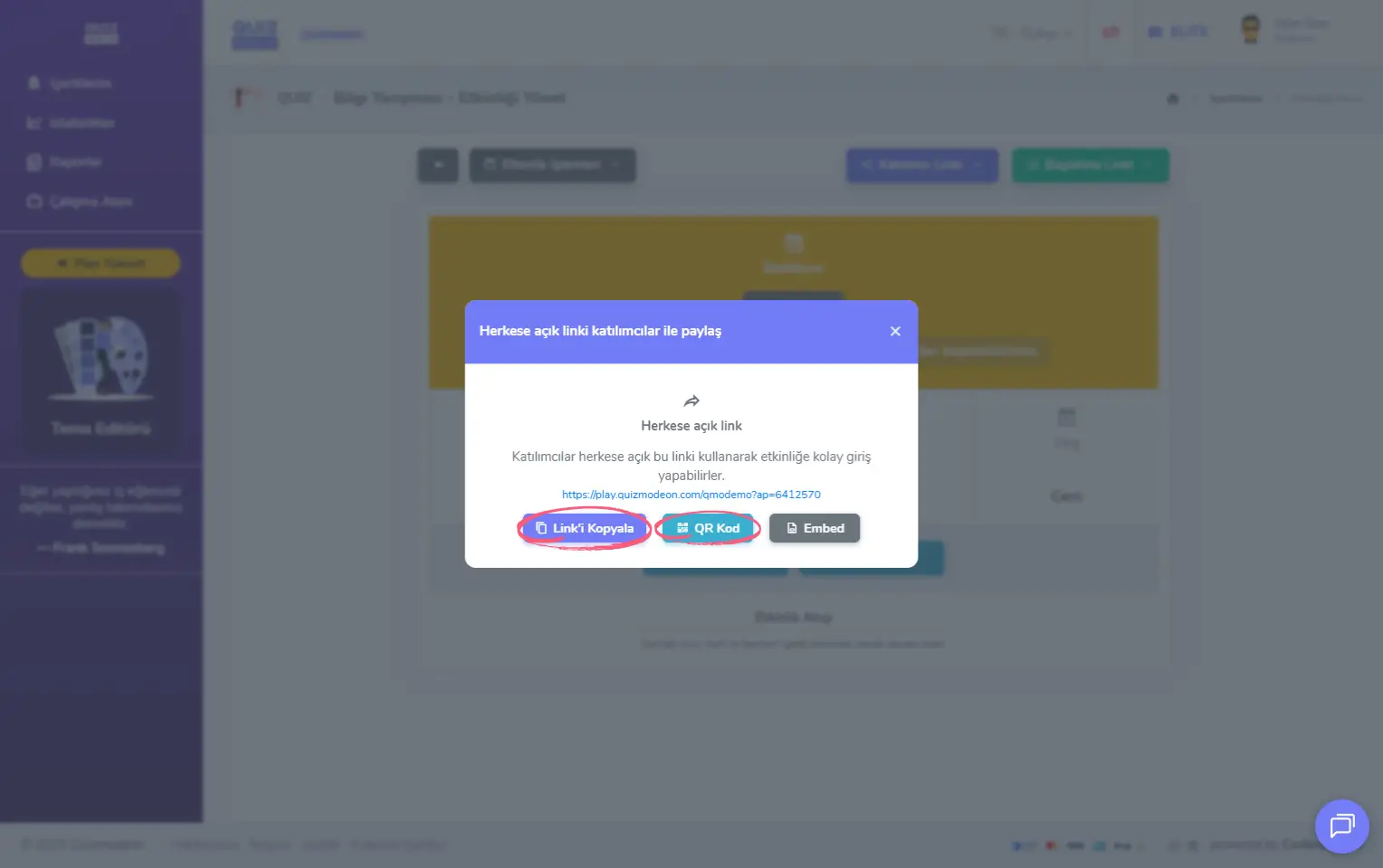 admin üye - etkinlikler - etkinlik yönetimi - asenkron etkinlik - katılımcı linki - link kopyalama ve qr kod paylaşımı