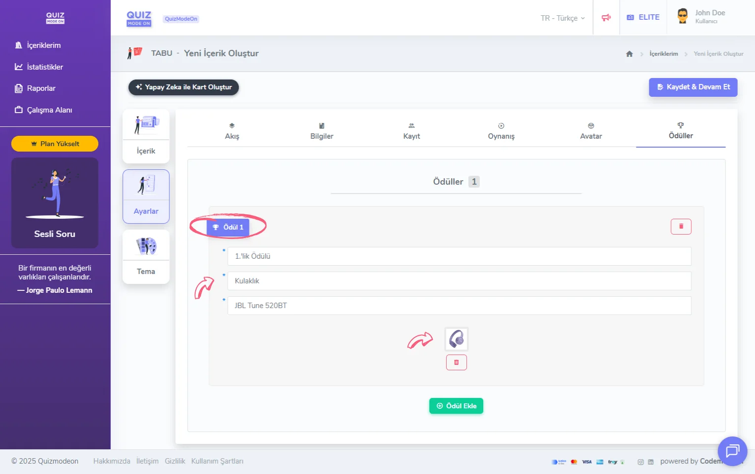tabu oluşturma - ayarlar - ödüller - ödül ekleme