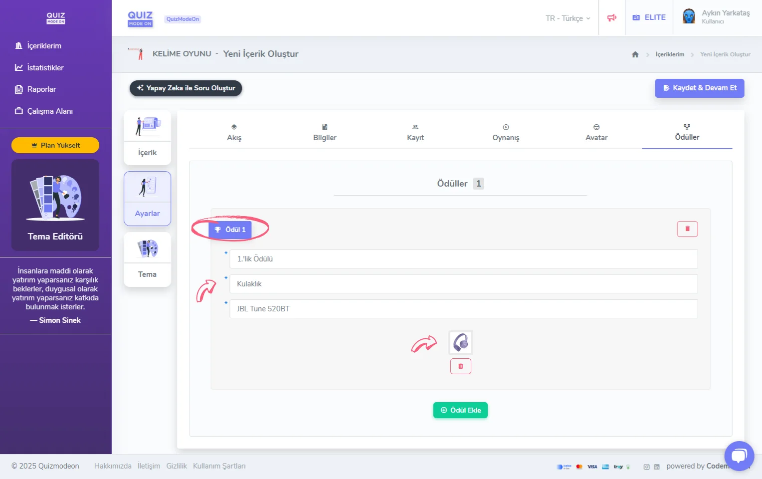 kelime oyunu oluşturma - ayarlar - ödüller - ödül ekleme