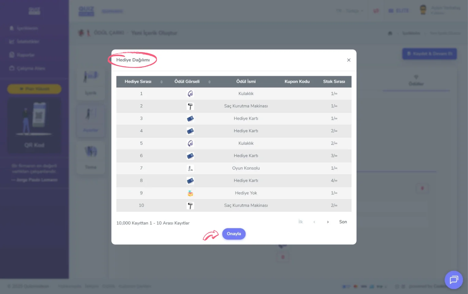 ödül çarkı oluşturma - ayarlar - ödüller - hediye dağılımı - önizleme