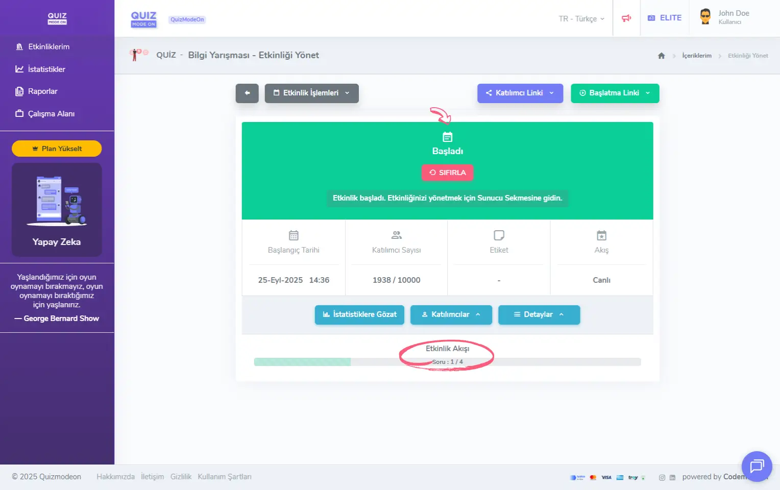 admin üye - etkinlikler - etkinlik yönetimi - canlı etkinlik - başlayan etkinlik