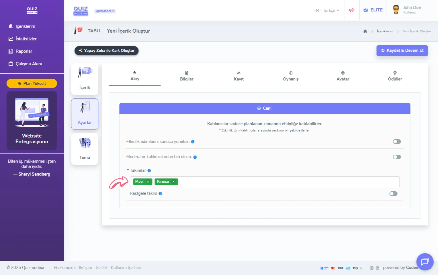 tabu oluşturma - ayarlar - etkinlik akışı - canlı - takımlar
