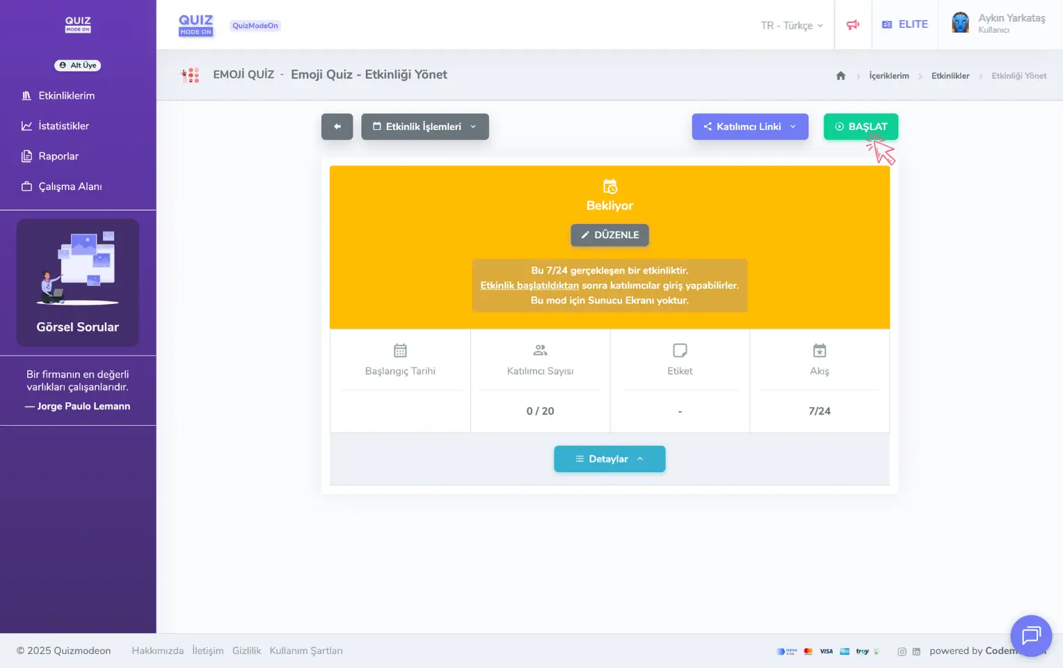 admin üye - etkinlikler - etkinlik yönetimi - asenkron etkinlik - başlatma