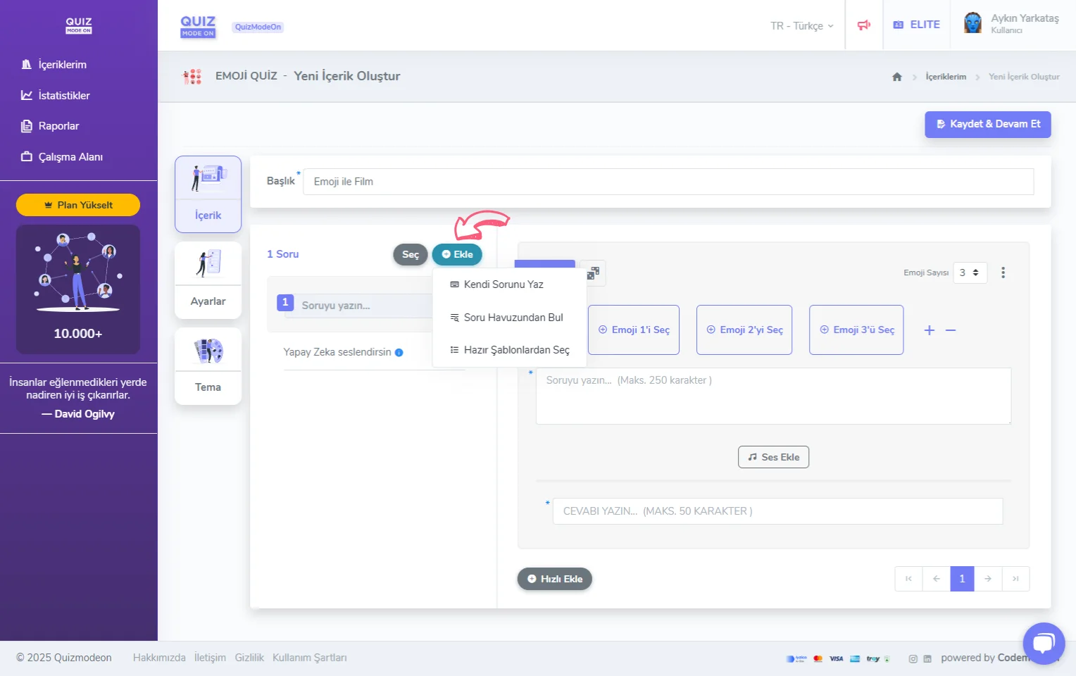 emoji quiz oluşturma - içerik - soru ekleme