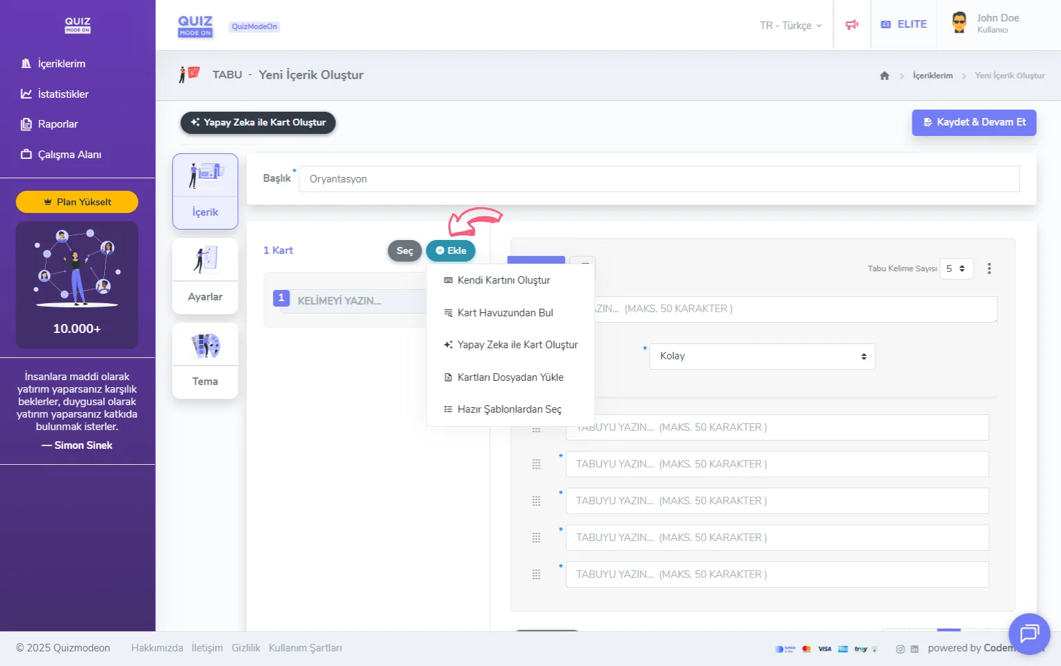 tabu oluşturma - içerik - kart ekleme