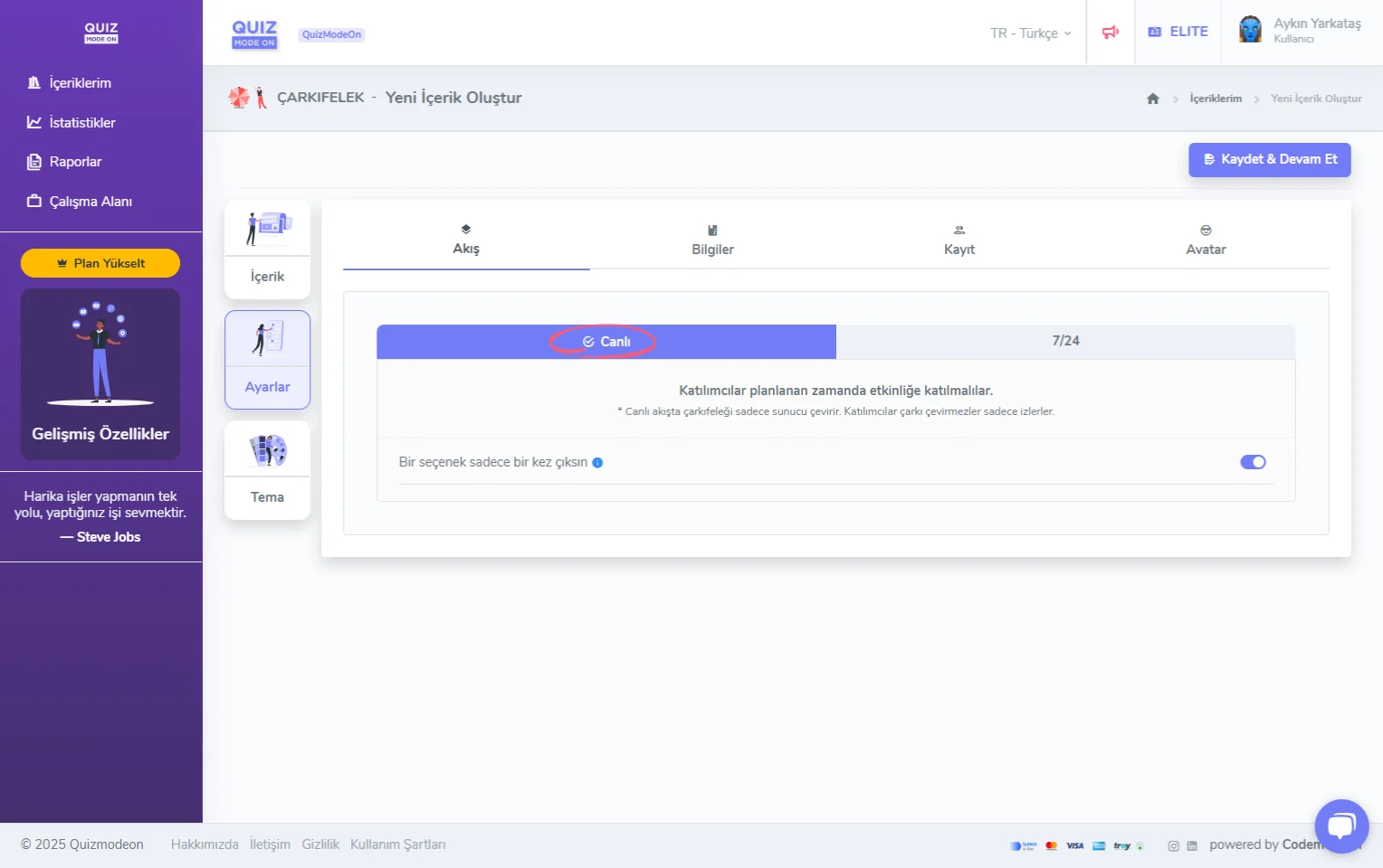 çarkıfelek oluşturma - ayarlar - etkinlik akışı - canlı