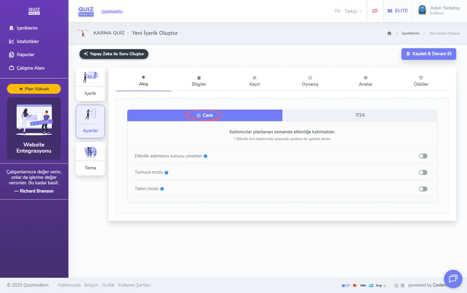 karma quiz oluşturma - ayarlar - etkinlik akışı - canlı