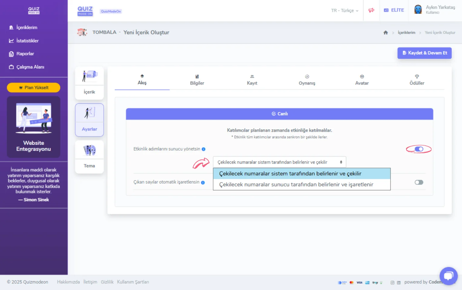 tombala oluşturma - ayarlar - etkinlik akışı - canlı - numara çekme