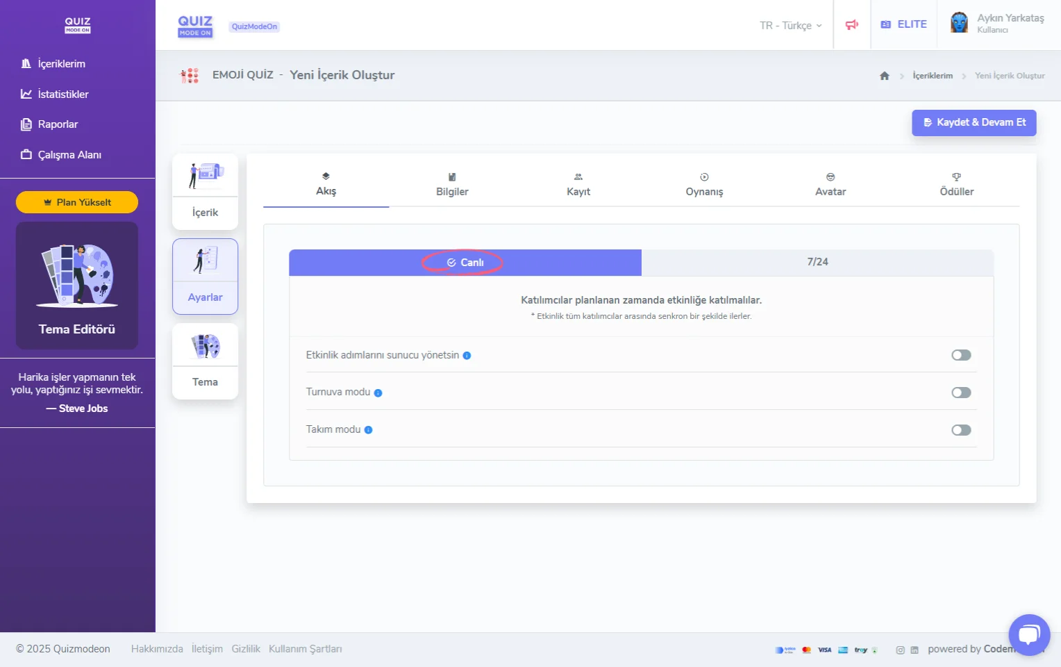 emoji quiz oluşturma - ayarlar - etkinlik akışı - canlı