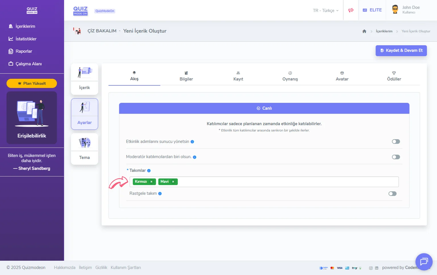 çiz bakalım oluşturma - ayarlar - etkinlik akışı - canlı - takımlar