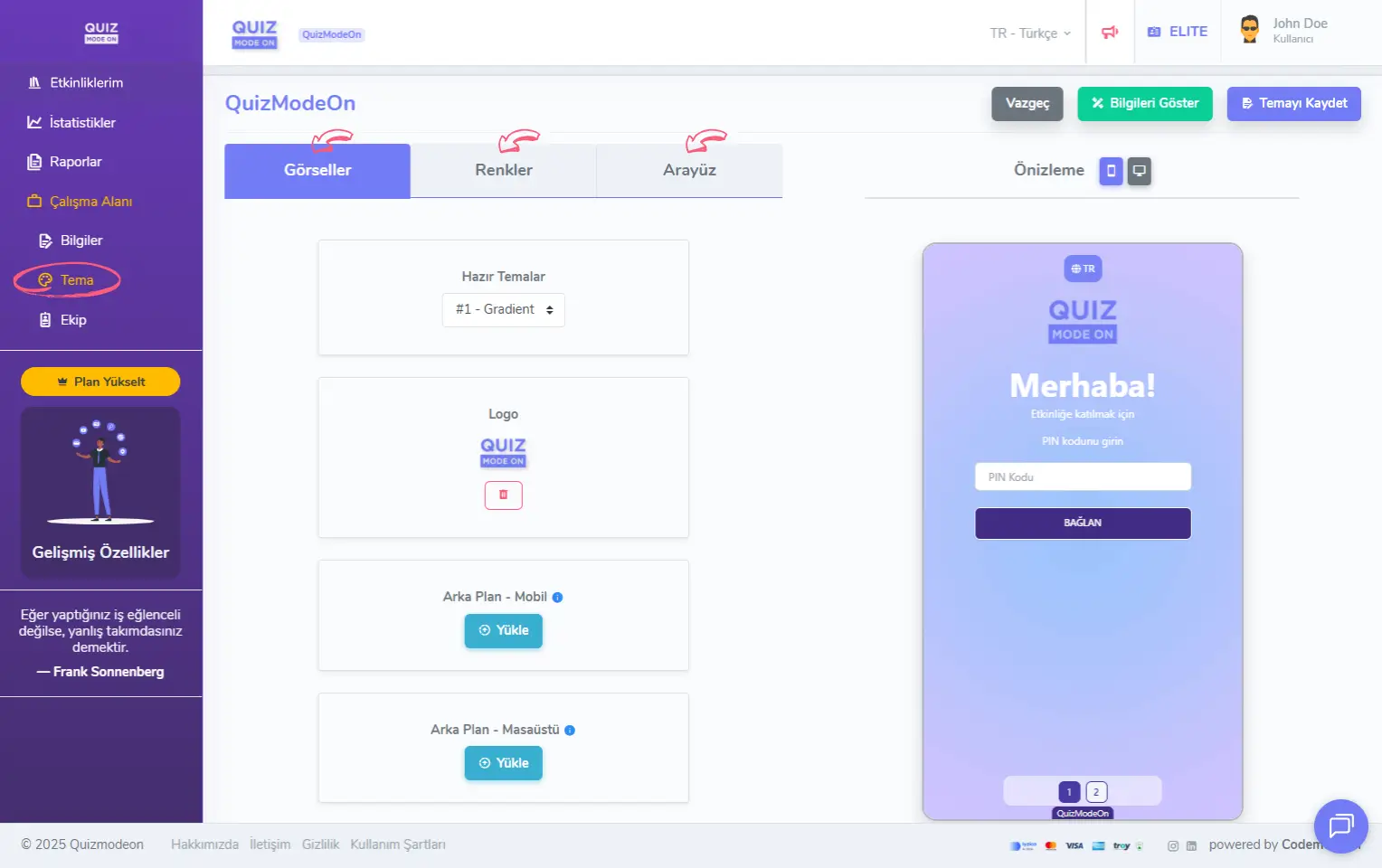 admin üye - sol menü - çalışma alanı - tema