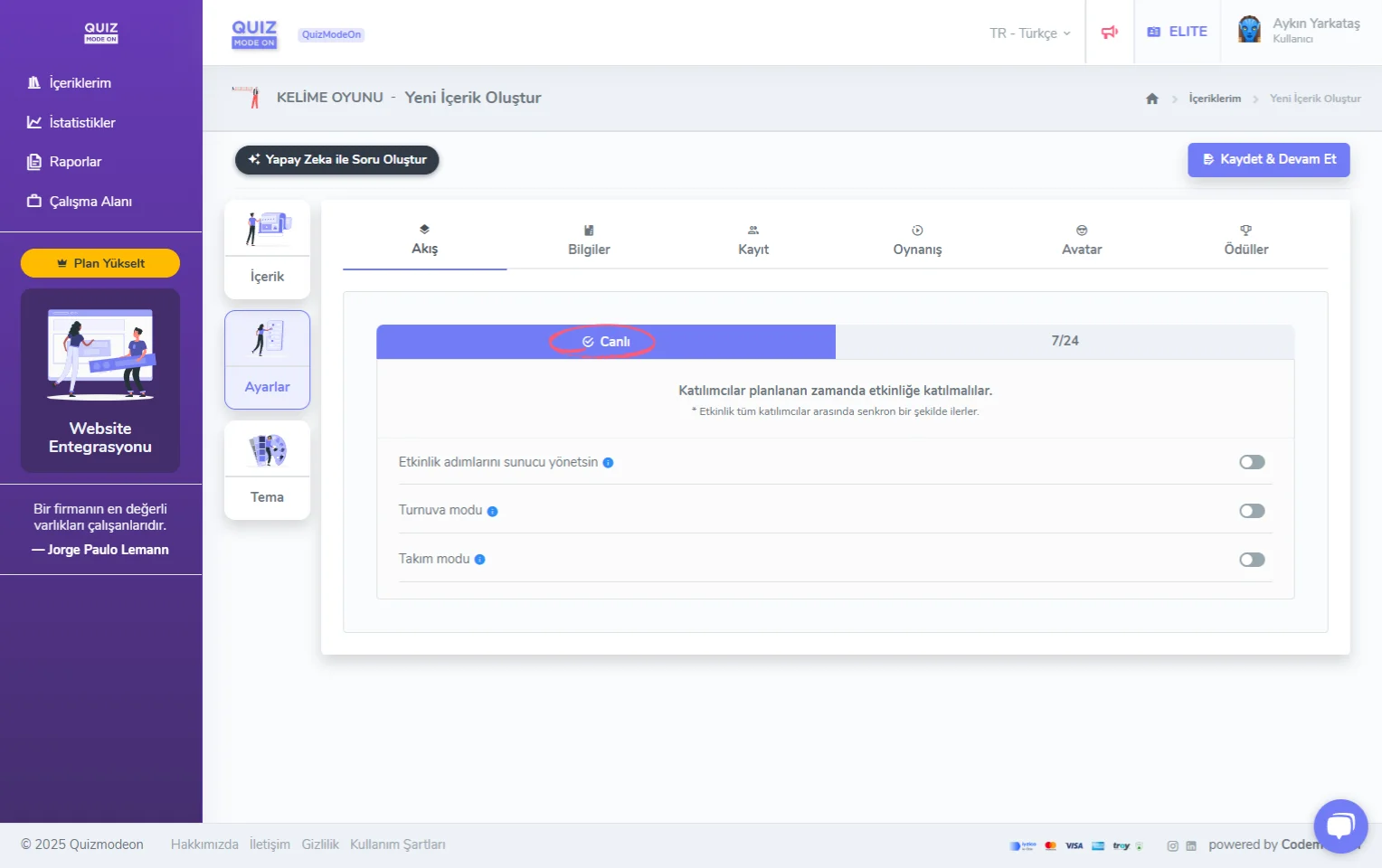 kelime oyunu oluşturma - ayarlar - etkinlik akışı - canlı