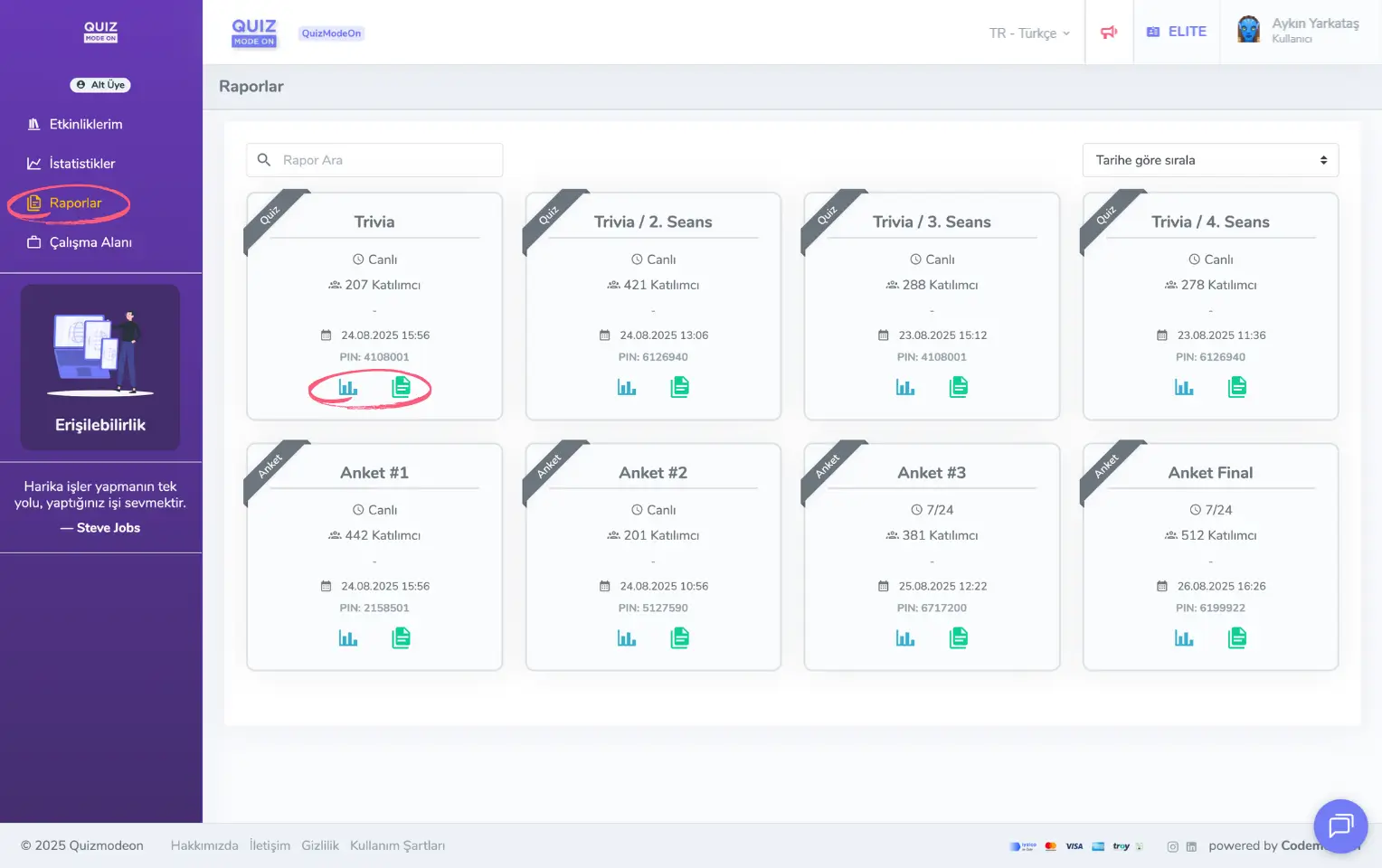admin üye - sol menü - raporlar