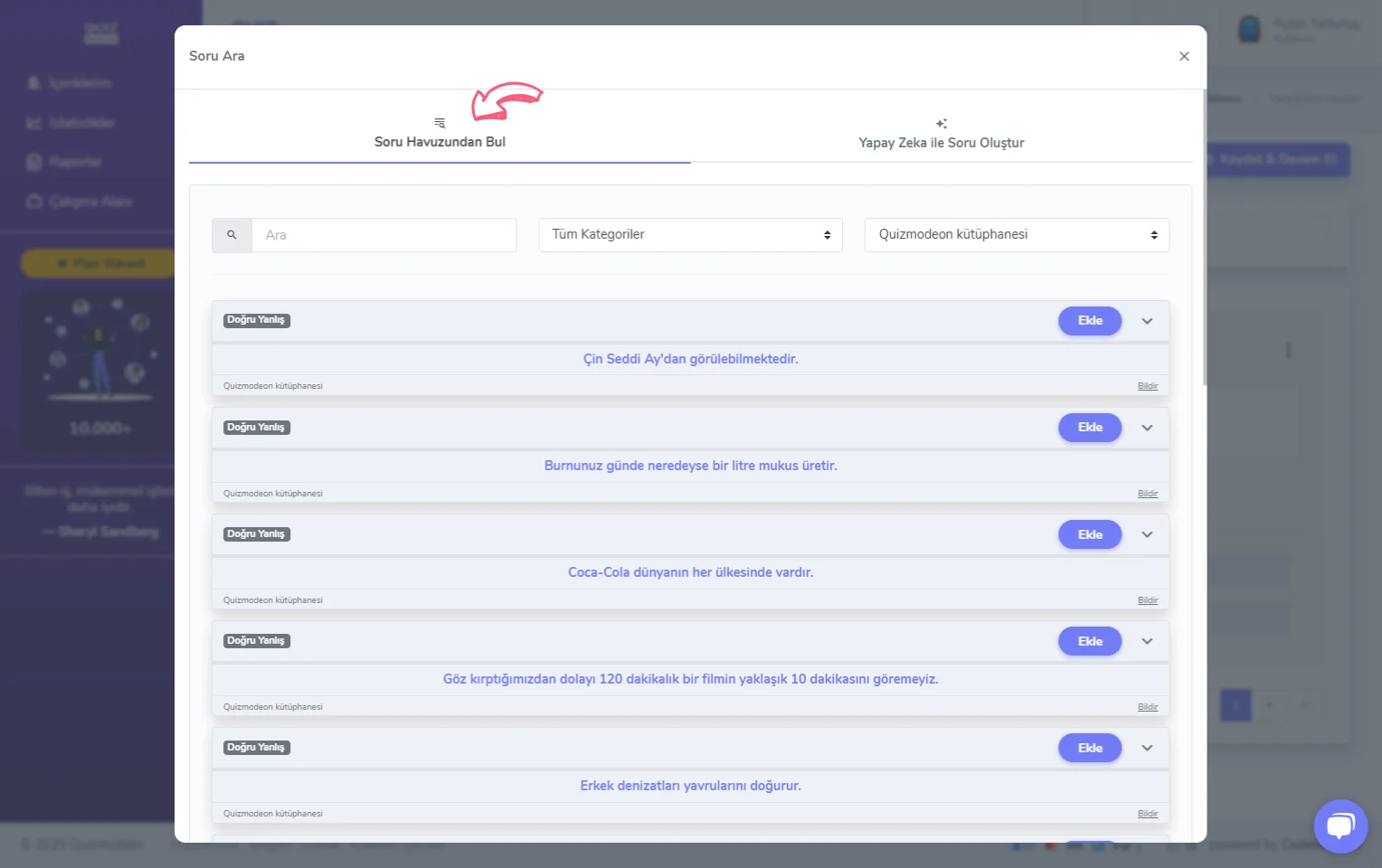 doğru yanlış oluşturma - içerik - soru ekleme - soru havuzu