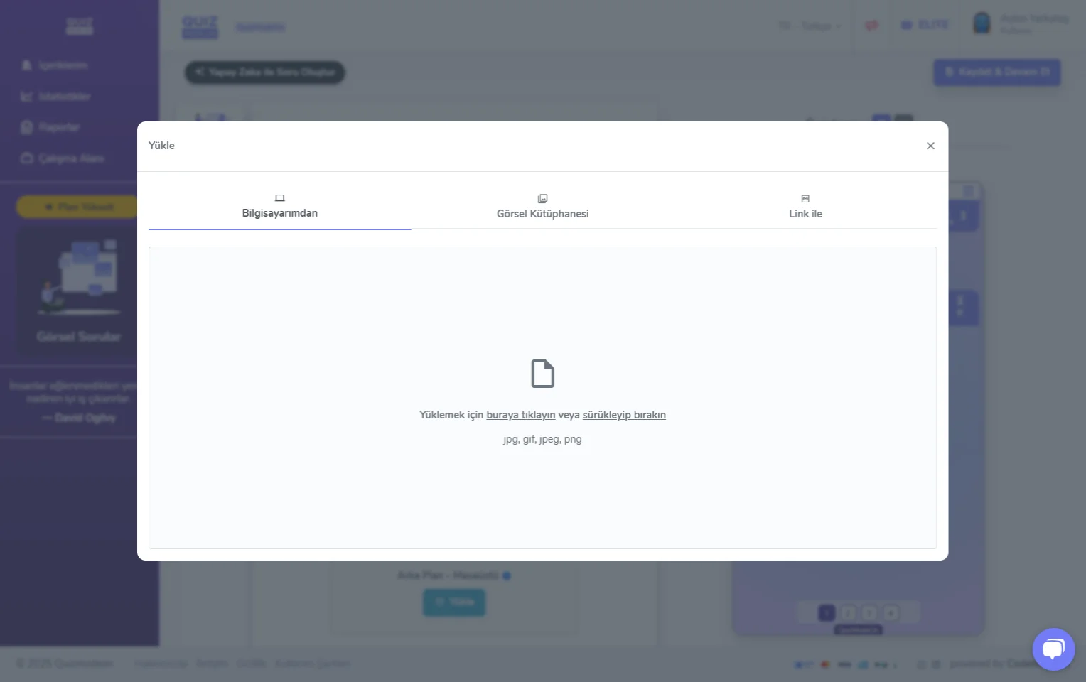doğru yanlış oluşturma - tema editörü - görseller - logo ve arka plan görseli yükleme
