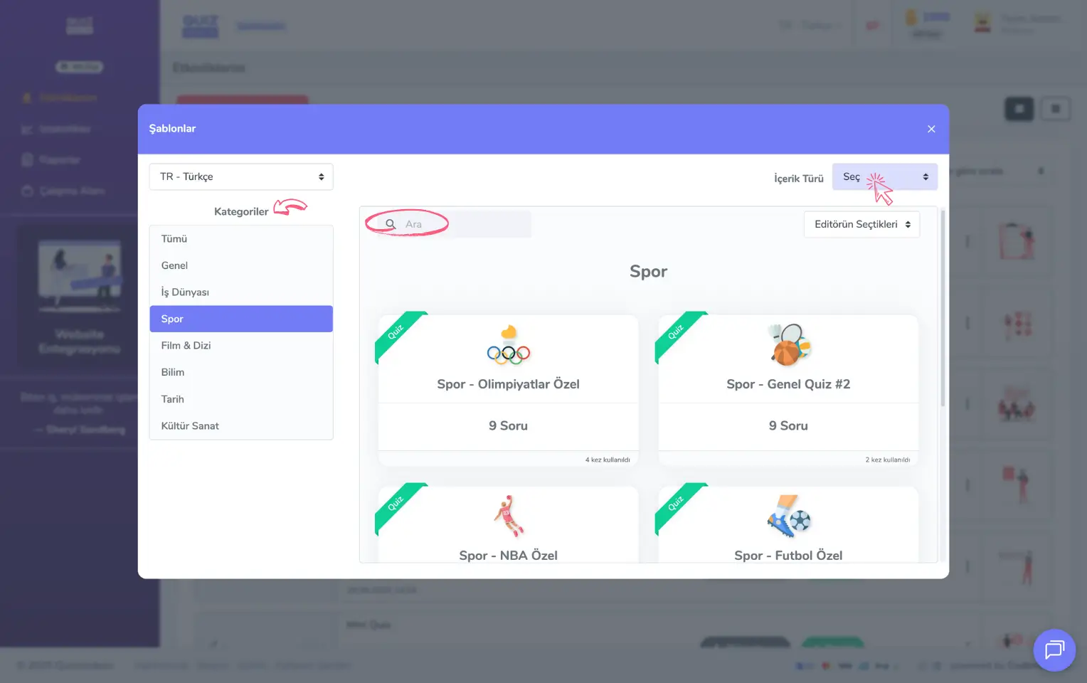 admin üye - ana sayfa - etkinliklerim - yeni etkinlik oluşturma - hazır içerik şablonları