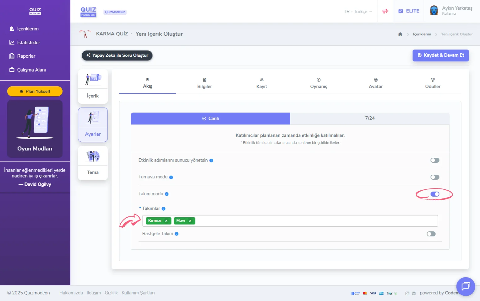 karma quiz oluşturma - ayarlar - etkinlik akışı - canlı - takım modu
