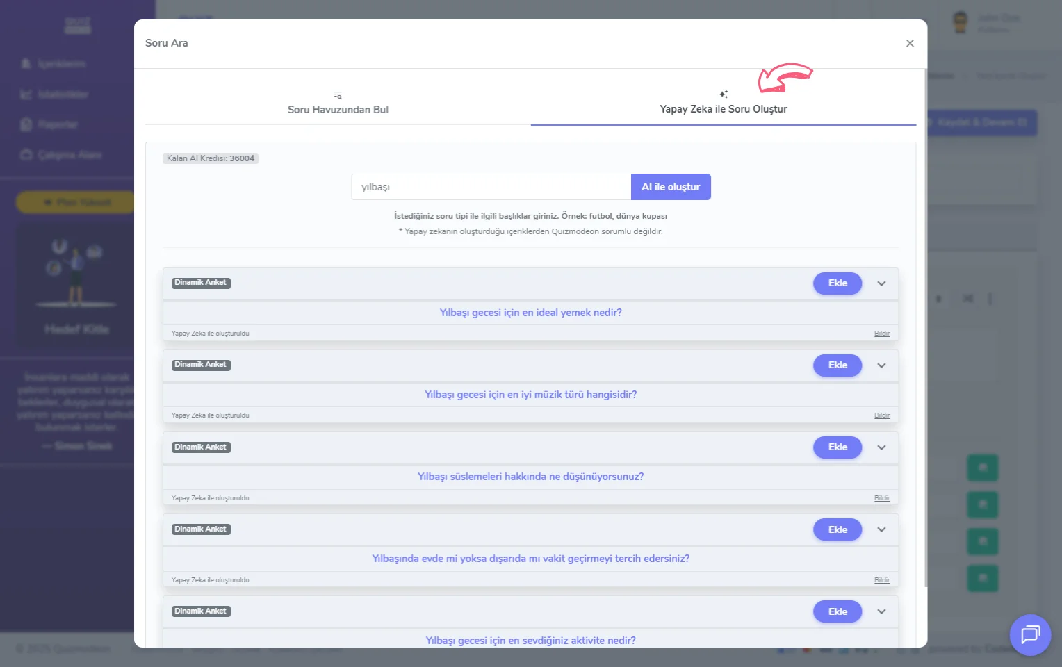dinamik anket oluşturma - içerik - soru ekleme - yapay zeka ile soru oluşturma