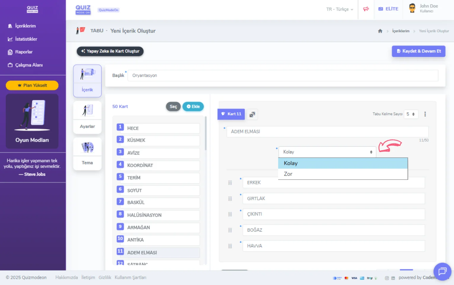 tabu oluşturma - içerik - kart ekleme - kelime zorluk seviyesi