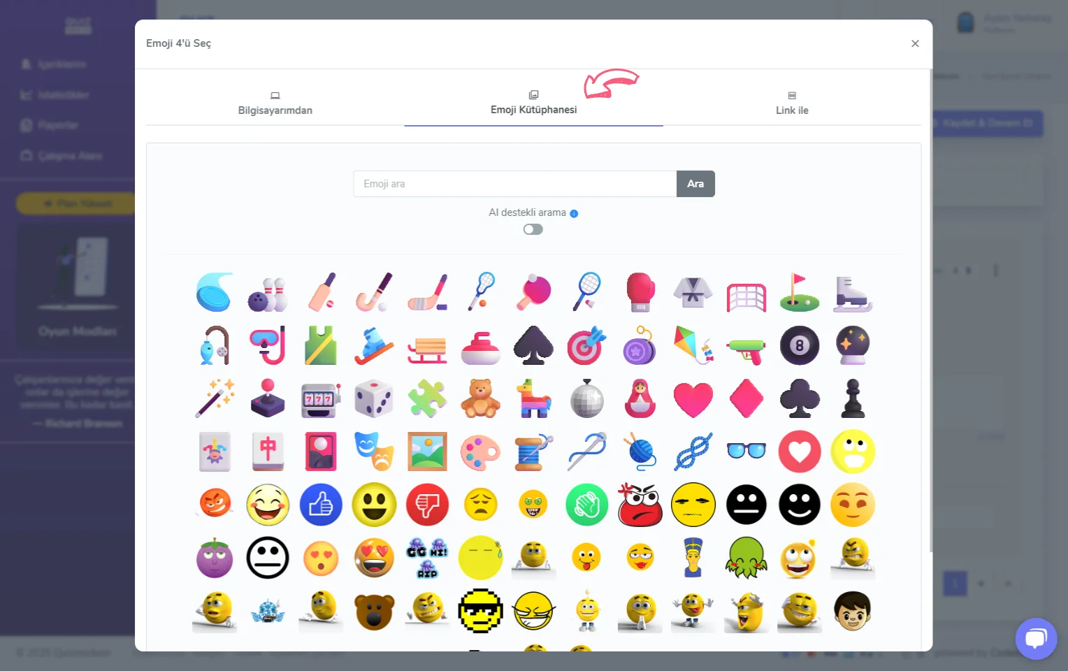 emoji quiz oluşturma - içerik - soru ekleme - emoji ve ikon kütüphanesi