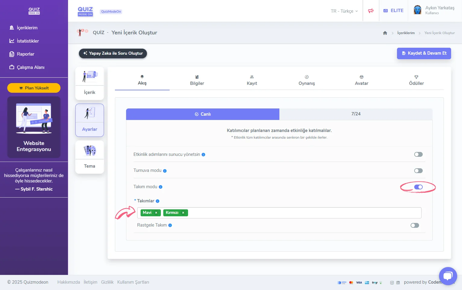 quiz oluşturma - ayarlar - etkinlik akışı - canlı - takım modu