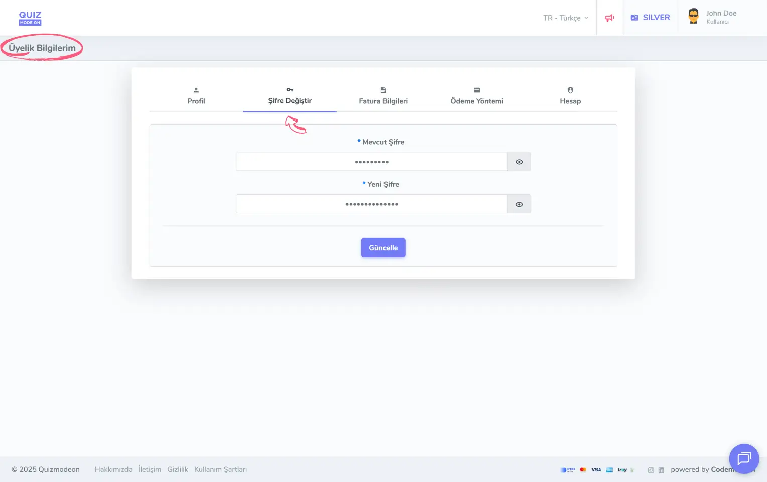 admin üye - kullanıcı menüsü - üyelik bilgileri - şifre değiştirme