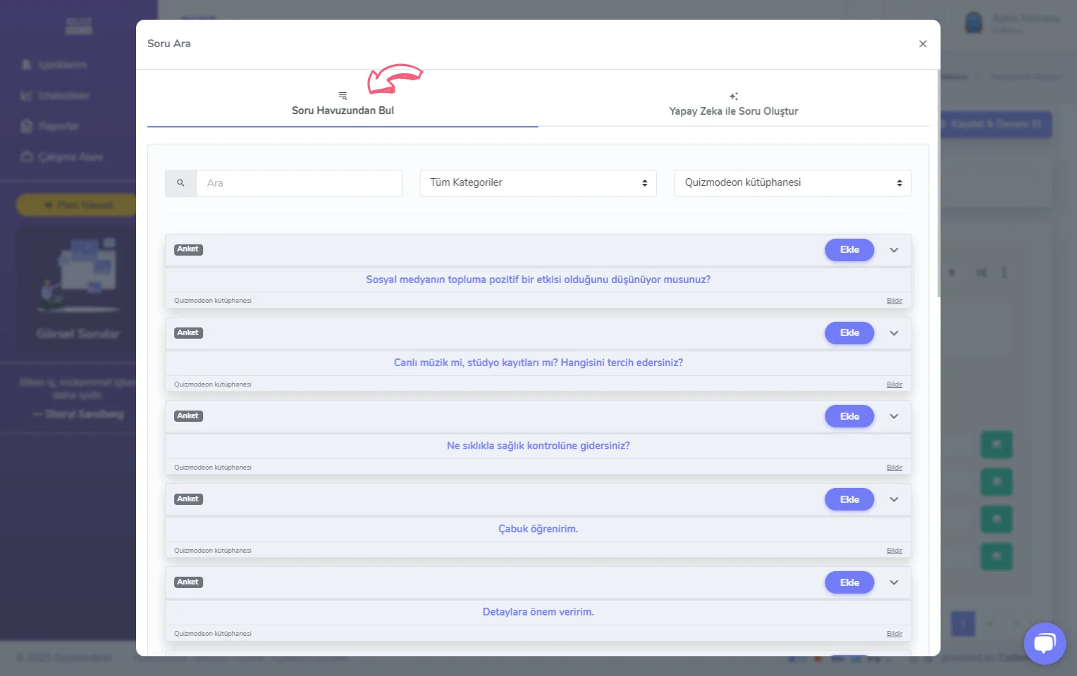 anket oluşturma - içerik - soru ekleme - soru havuzu