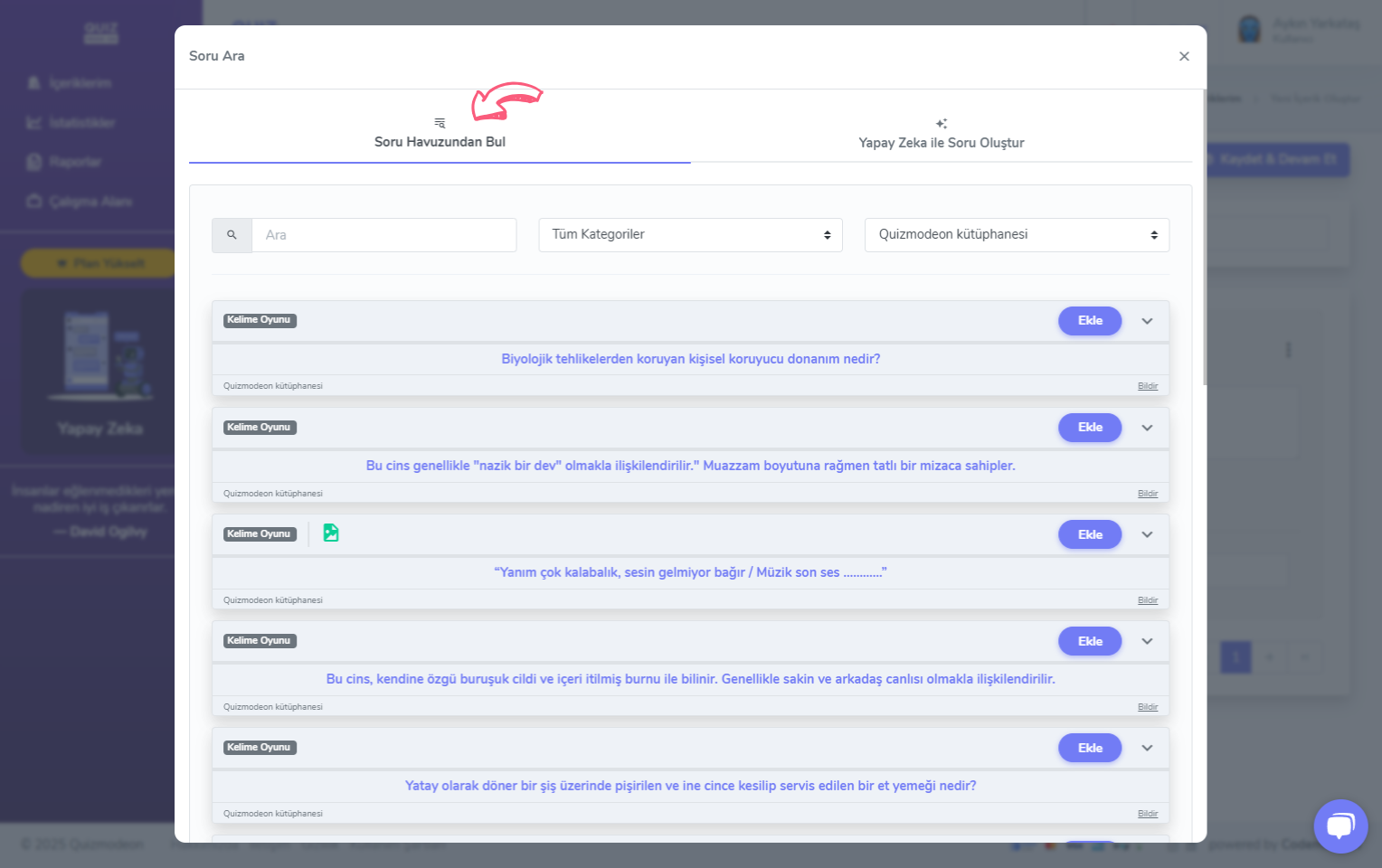 kelime oyunu oluşturma - içerik - soru ekleme - soru havuzu