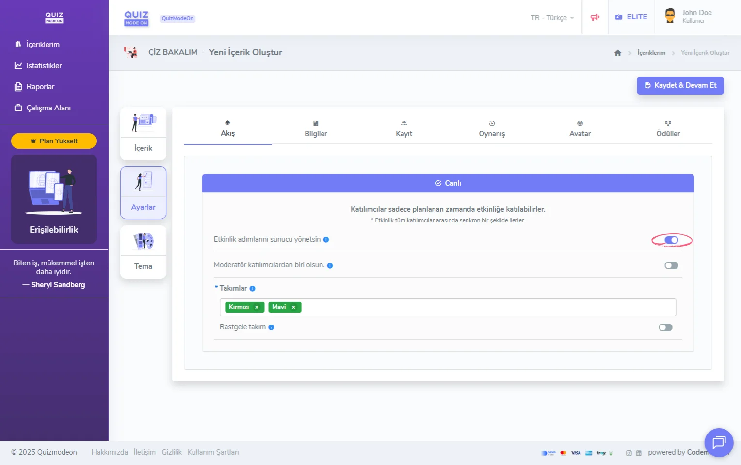 çiz bakalım oluşturma - ayarlar - etkinlik akışı - canlı - akış yönetimi - sunucu