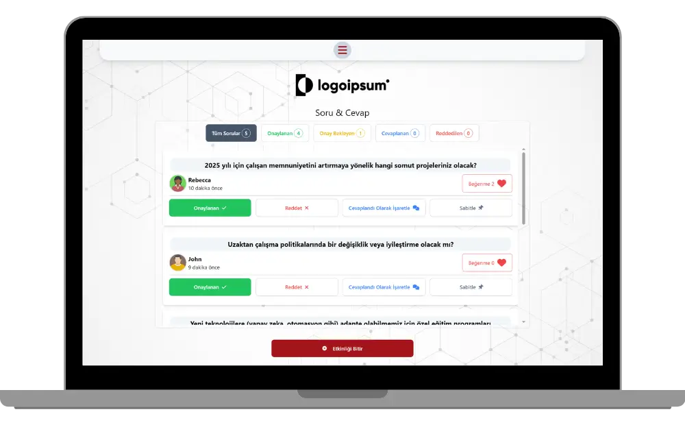 moderatör - etkinlik akışı (soru cevap) - soru kontrolü - filtreleme ve moderasyon