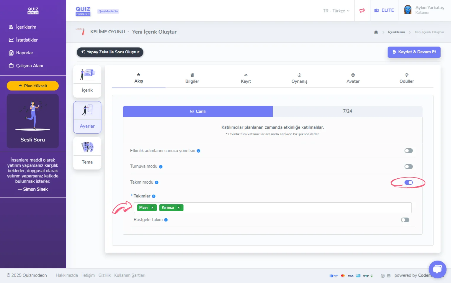 kelime oyunu oluşturma - ayarlar - etkinlik akışı - canlı - takım modu