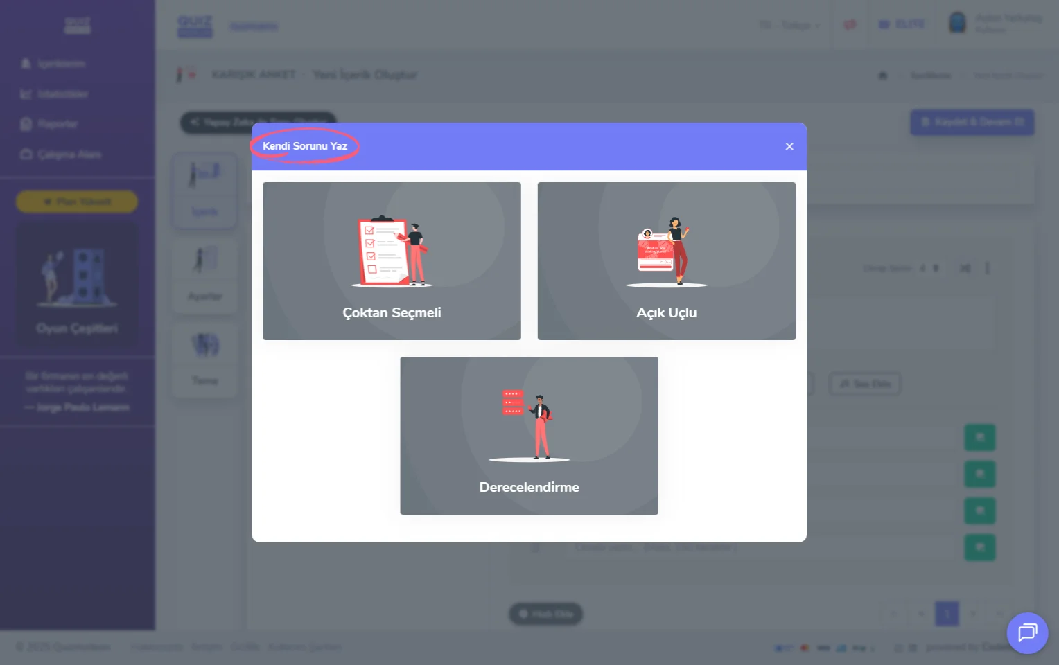 karma anket oluşturma - içerik - soru ekleme - soru türleri