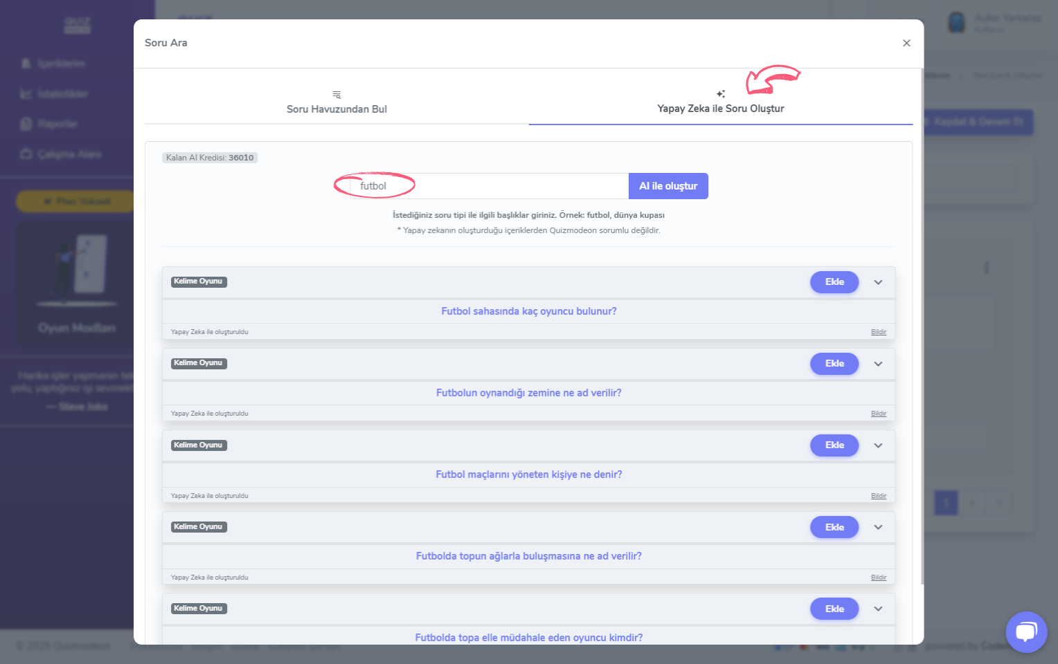 kelime oyunu oluşturma - içerik - soru ekleme - yapay zeka ile soru oluşturma